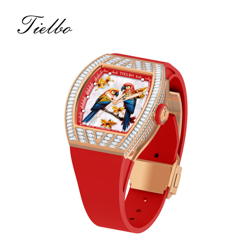 Tielbo T859 3D Micro-Painting Birds And Flower Pearl Dial Swiss Quartz Movement Diamond Watch