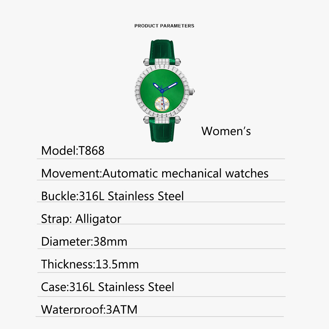 Tielbo T868 Luxury Mechanical Watches Diamond Bezel Jade Dial Ladies' Wristwatch