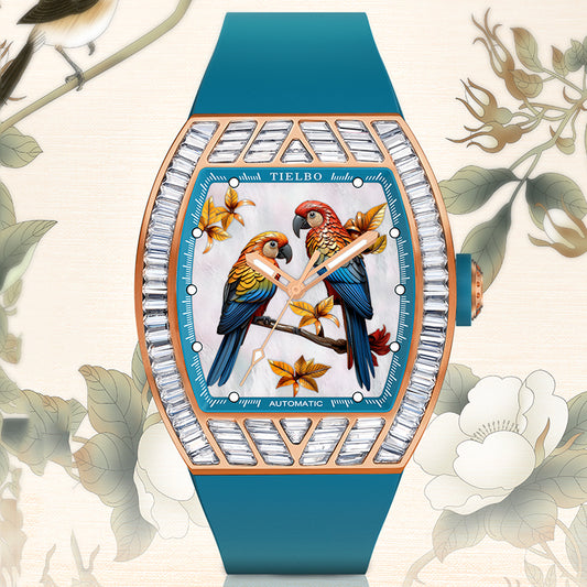 Tielbo T859 3D Micro-Painting Birds And Flower Pearl Dial Swiss Quartz Movement Diamond Watch
