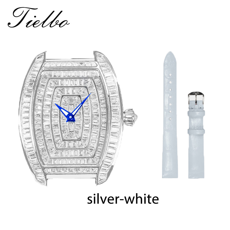 TIELBO Tonneau Watch Swiss Quartz Movement Crystal Ladies' Watches Silver Case TC302