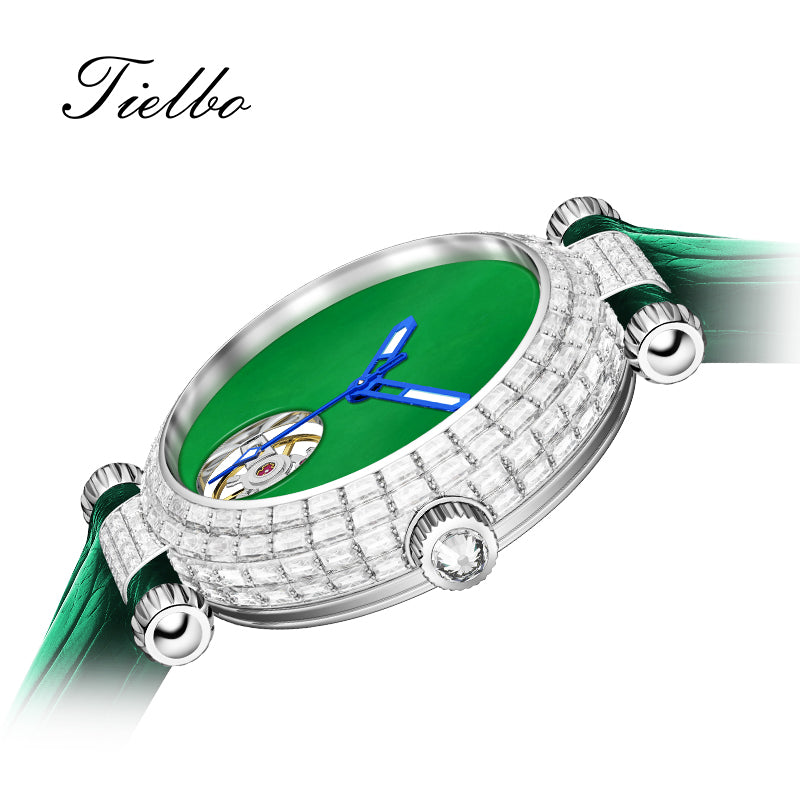 Tielbo T868M Luxury Mechanical Watches Diamond Bezel Jade Dial Men's Wristwatch