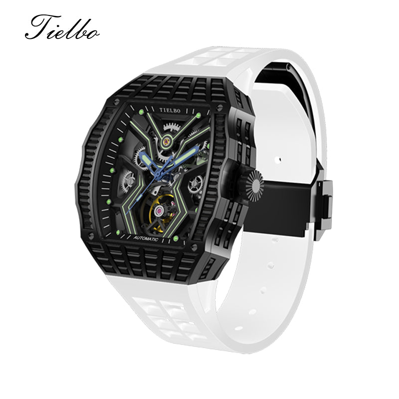 TIELBO TC305M Automatic Movement Mechanical Tonneau-Shape Skeleton Sapphire Crystal Watch for Men
