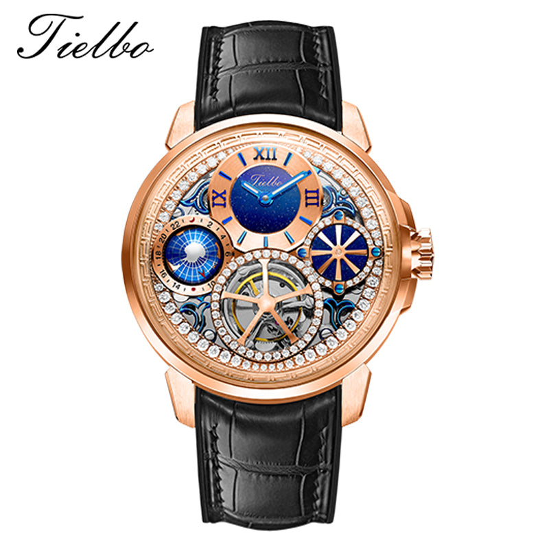 TIELBO TY715 Brilliant Crystal Manual Tourbillon Watch 9'clock Southern Hemisphere Display