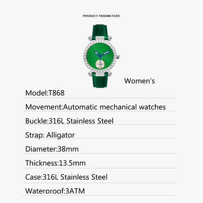 Tielbo T868 Luxury Mechanical Watches Diamond Bezel Jade Dial Ladies' Wristwatch