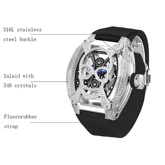 TIELBO Skeleton Automatic Crystal Luxury Watches for Men Waterproof Luminous Watch TS828