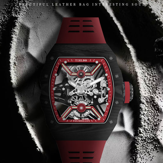 TIELBO TY601 Mecha Carbon Fiber Titanium Case Skeleton Manual Tourbillon Watch Super Luminous