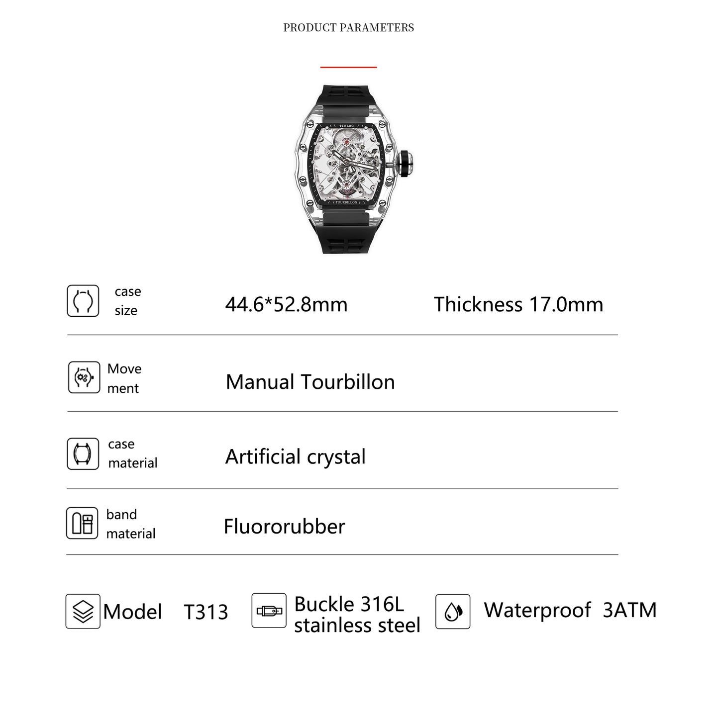 Tielbo T313M Crystal Manual Tourbillon Sport Fashion Skeleton Mechanical Watch