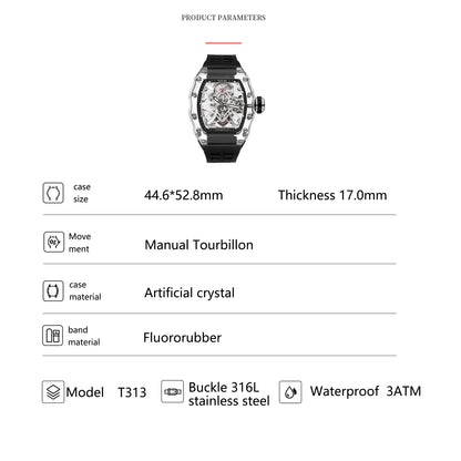 Tielbo T313M Crystal Manual Tourbillon Sport Fashion Skeleton Mechanical Watch