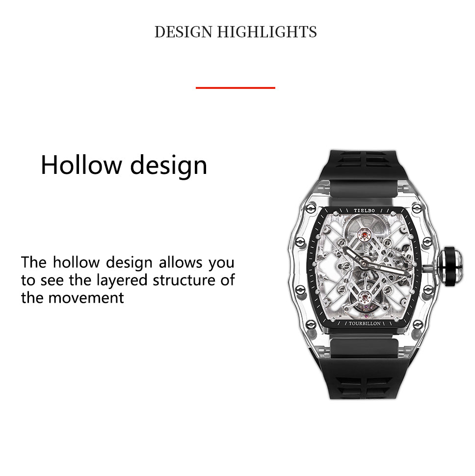 Tielbo T313M Crystal Manual Tourbillon Sport Fashion Skeleton Mechanical Watch