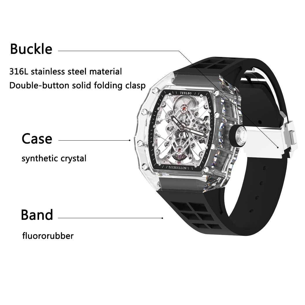 Tielbo T313M Crystal Manual Tourbillon Sport Fashion Skeleton Mechanical Watch