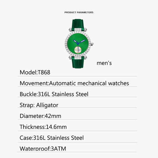 Tielbo T868M Luxury Mechanical Watches Diamond Bezel Jade Dial Men's Wristwatch