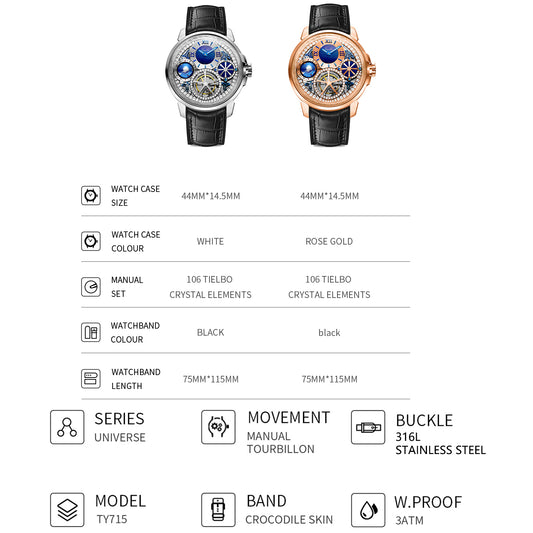 TIELBO TY715 Brilliant Crystal Manual Tourbillon Watch 9'clock Southern Hemisphere Display