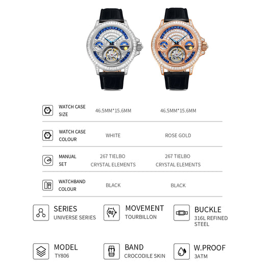 Tielbo TY806 Universe Automatic Tourbillon Sun And Moon Display Crystal Watch