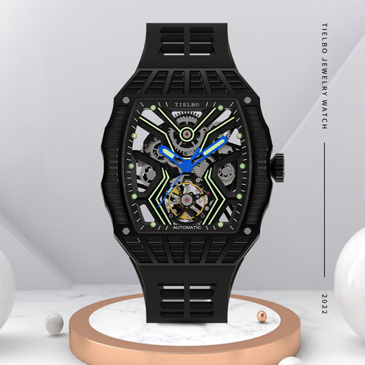 TIELBO TC305M Automatic Movement Mechanical Tonneau-Shape Skeleton Sapphire Crystal Watch for Men