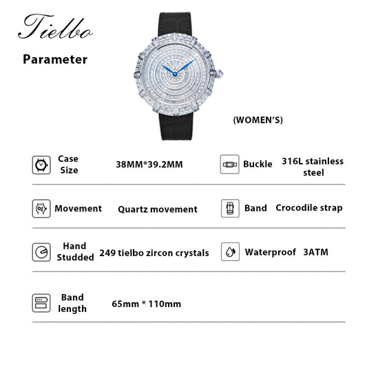 TIELBO TC818L Watch For Women Swiss Quartz Movement Crystal Watch Crocodile Leather Strap